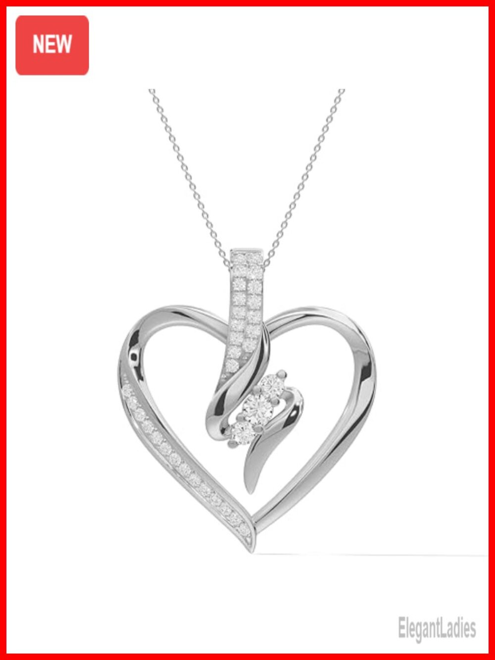 3 Stone Diamond Heart Pendant Necklace 925 Sterling Silver